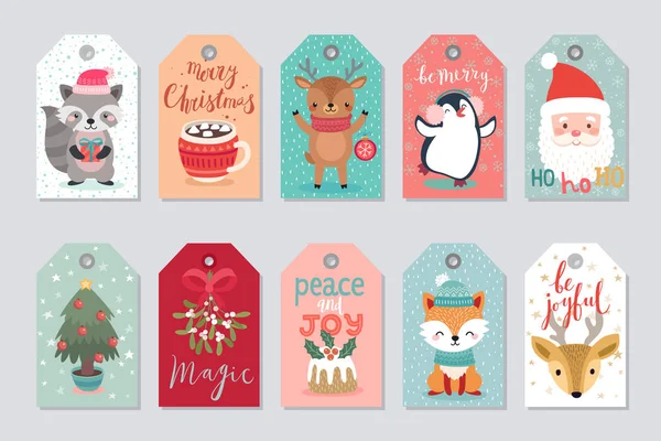 Étiquettes cadeau de Noël avec des personnages mignons . — Image vectorielle