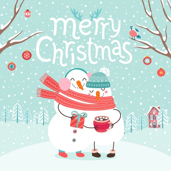 Cute Snowmen Couple Hugging Merry Christmas Card Vector Illustration — Stock Vector