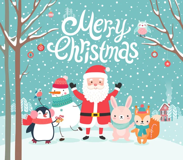 Симпатичные Персонажи Обнимаются Санта Клаус Белка Кролик Пингвин Снеговик Рождеством — стоковый вектор