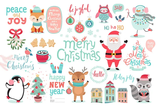 Kerstset Met Hand Getekend Stijl Kalligrafie Dieren Andere Elementen Vectorillustratie — Stockvector