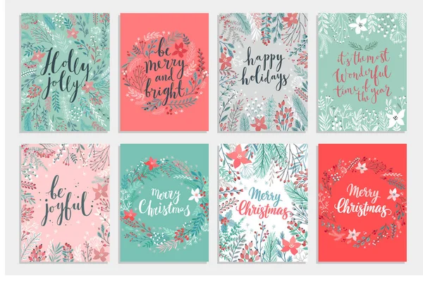 Weihnachten Callygraphic Card Set Handgezeichnete Florale Vektorillustration Handgeschriebener Schriftzug Mit — Stockvektor