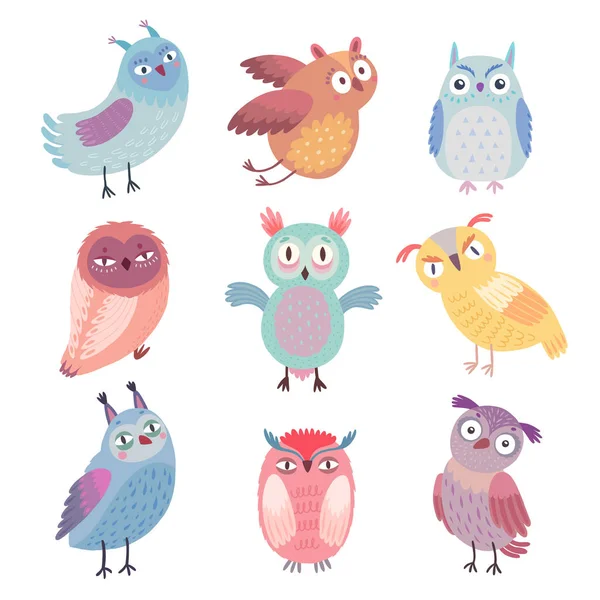 Cute Woodland Owls Funny Characters Different Mood Vector Illustration Vector — Stock Vector