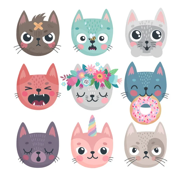 Niedliche Kätzchen. Charaktere mit unterschiedlichen Emotionen - Freude, Wut, Glück und andere. — Stockvektor