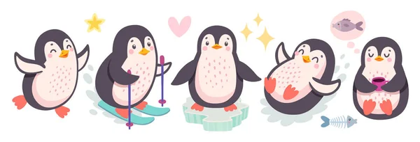 Pingouins mignons skier, s'amuser, boire du thé. Caractères drôles . — Image vectorielle