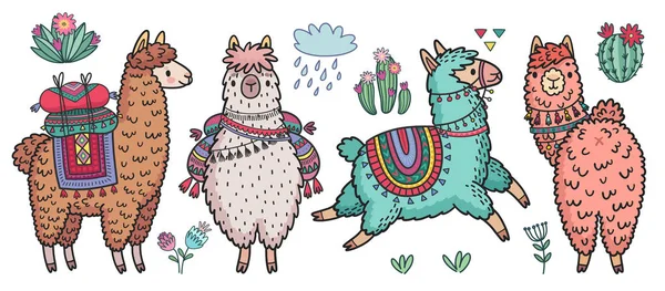 Lindos Lamas de pie y corriendo. Divertidos personajes dibujados a mano con cactus . — Archivo Imágenes Vectoriales