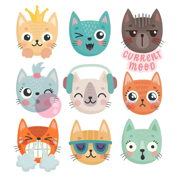 Gatinhos giros. Personagens com emoções diferentes - alegria, raiva, alegrias e outros . — Vetor de Stock