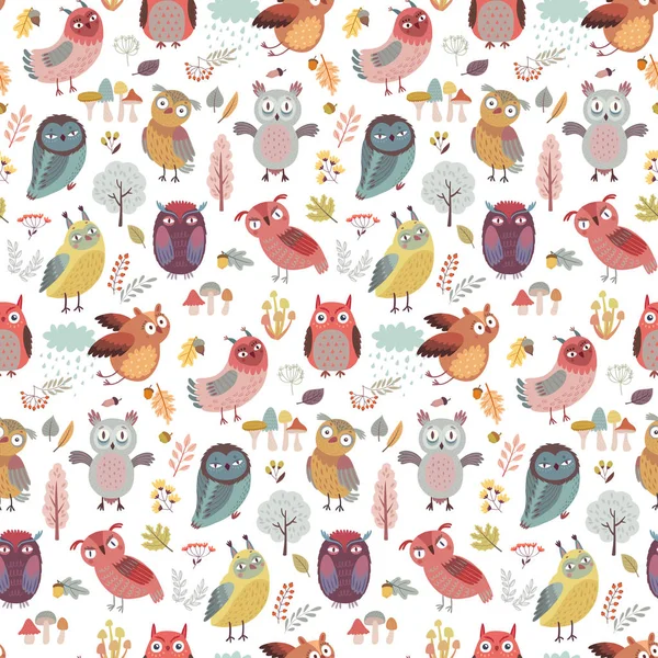 Seamless pattern with Cute Woodland owls. Funny characters with different mood. Vector illustration. - — Stock Vector