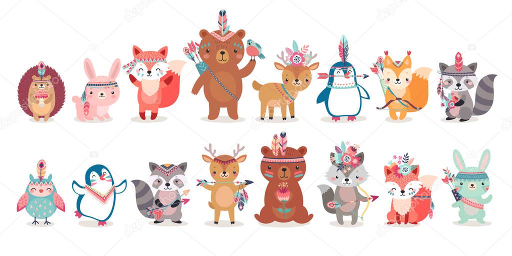 Woodland Boho characters - bear, fox, raccoon, hedgehog, penguin, deer, rabbit, owl and squirrel.
