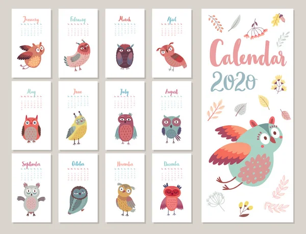 Calendario 2020. Carino calendario mensile con — Vettoriale Stock