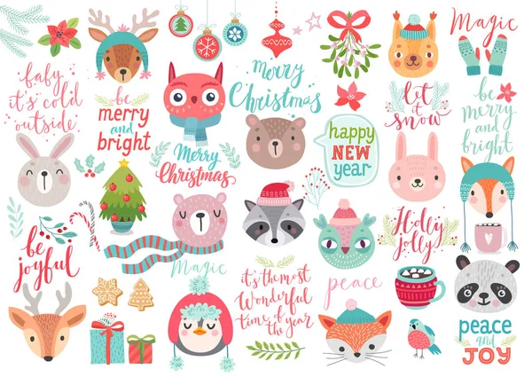 크리스마스 세트, 손으로 그린 스타일-서 예, 동물 및 기타 요소. — 스톡 벡터