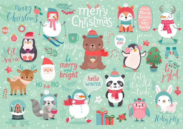 Set de Navidad, estilo dibujado a mano - caligrafía, animales y otros elementos . — Vector de stock