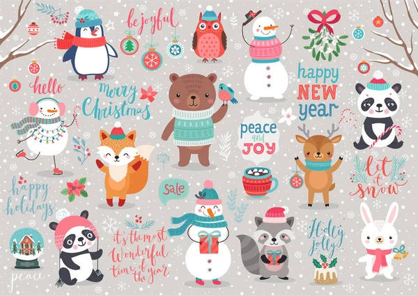 Set de Navidad, estilo dibujado a mano - caligrafía, animales y otros elementos . — Vector de stock