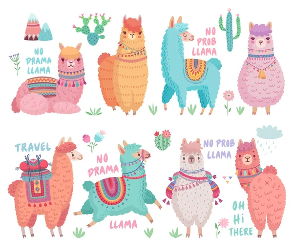 Llamas lindas con citas divertidas. Divertidos personajes dibujados a mano . — Archivo Imágenes Vectoriales