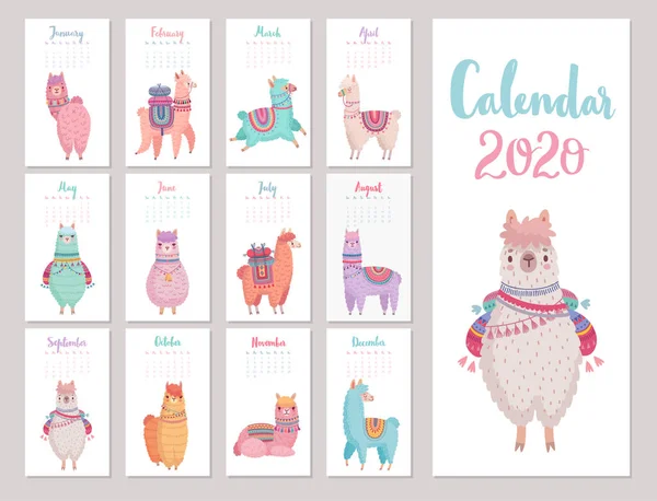 Kalendář 2020 s roztomilým Llamas. Barevný alpacas. — Stockový vektor