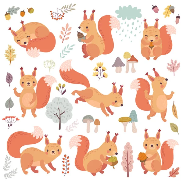 Set di scoiattoli disegnati a mano. Carino personaggi Woodland giocare, dormire, rilassarsi e divertirsi . — Vettoriale Stock