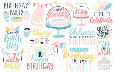 Doğum günü mektupları setin kutlu olsun. El yazması harfler ve diğer unsurlar. Pastalar, hediyeler, maskeler, mumlar, balonlar. Vektör illüstrasyonu.