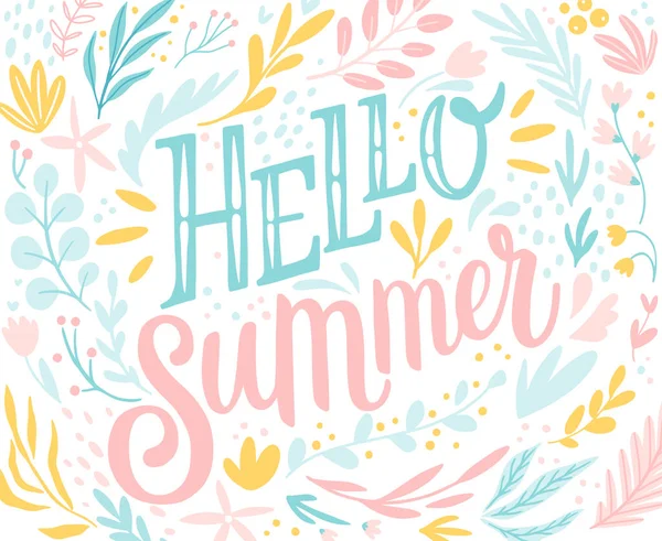 Olá Summer Lettering Design Com Elementos Florais Desenhado Mão Ilustração —  Vetores de Stock