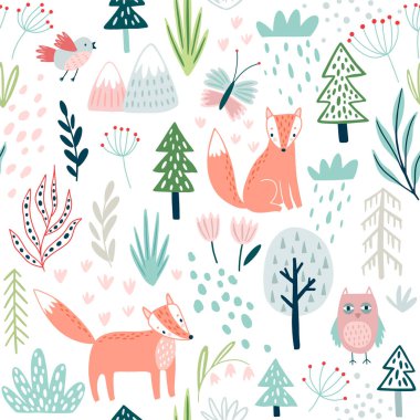 Tilki, baykuş, bitkiler, ağaçlar ve diğer elementlerle kusursuz orman deseni. Güzel el çizimi arka plan. Vektör illüstrasyonu.