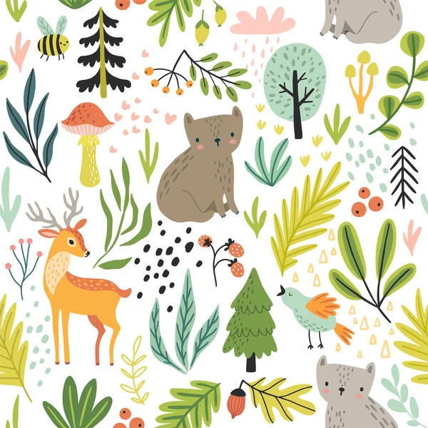 Seamless Forest pattern with wild animals, plants, trees and other elements. Cute hand drawn background. Vector illustration.