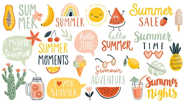 Sommer Handgezeichnetes Buchstaben Kalligraphieset Hallo Sommer Sommerzeit Essen Getränke Früchte — Stockvektor