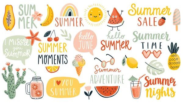 Verano Dibujado Mano Juego Caligrafía Lettering Hola Verano Horario Verano — Vector de stock