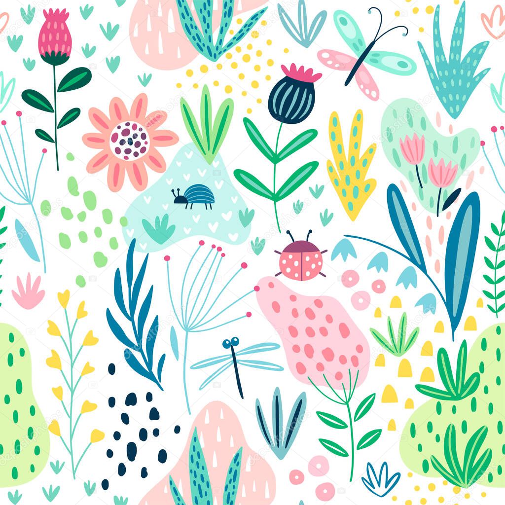 Seamless flourish pattern with Field flowers, plants, butterfly and other elements. Cute hand drawn background. Vector illustration.