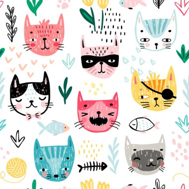 Şirin kedi yavrularıyla kusursuz bir düzen. Farklı duyguları olan çocuksu karakterler - neşe, öfke, mutluluk ve diğerleri. Vektör illüstrasyonu.