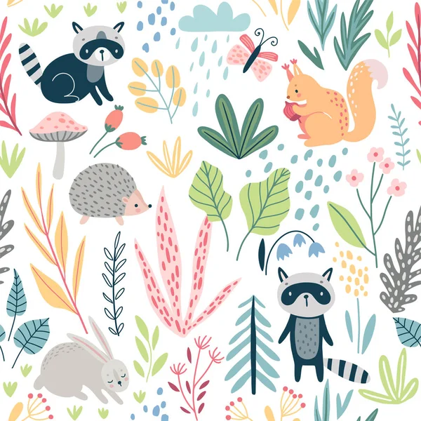 Seamless Forest pattern with wild animals, plants, trees and other elements. Cute hand drawn background. Vector illustration.