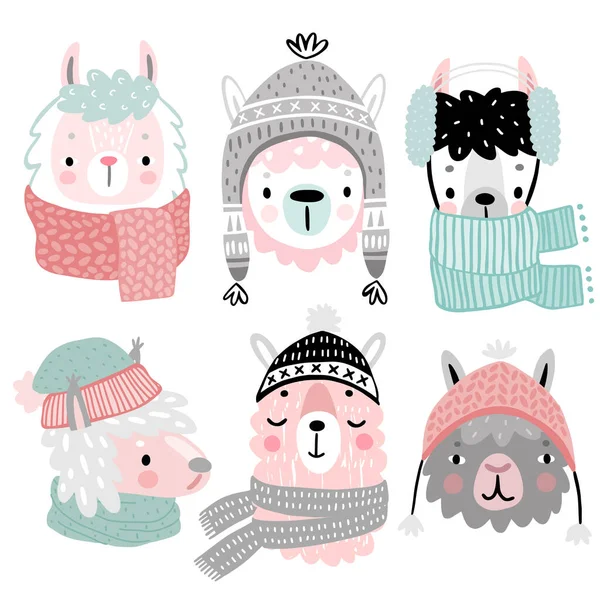 Cute Llamas Winter Clothes Childish Alpaca Characters Vector Illustration — Stock Vector