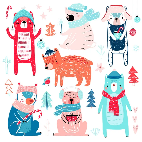 Kışlık Giysiler Içinde Şirin Ayılar Çocuksu Karakterler Noel Teması Vektör — Stok Vektör