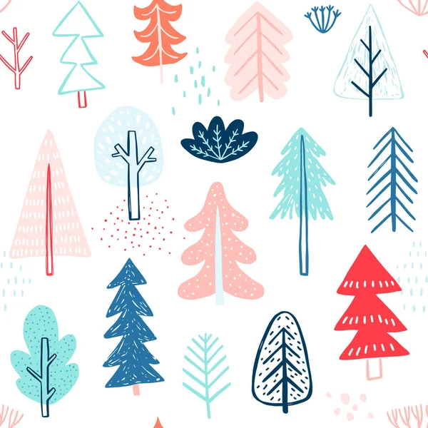 Şirin Kış Ağaçlarıyla Kusursuz Desen Çocuksu Renkli Geçmişi Vektör Illüstrasyonu — Stok Vektör