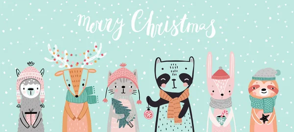 Cartão Natal Com Animais Estilo Desenhado Mão Personagens Floresta Panda —  Vetores de Stock