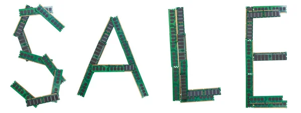 Palabra VENTA mecanografiada desde viejos módulos de memoria RAM de computadoras personales . — Foto de Stock