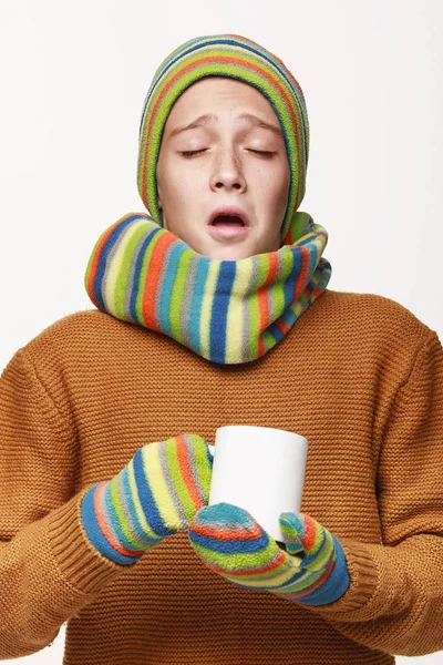 Boy Holds Mug Tea Medicine Gets Sick Sneezes Sweater Hat — Stock Photo, Image