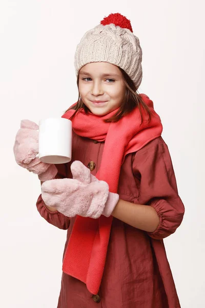 Recovering Girl Holds Cup Tea Medicine Ached Jacket Cap Gloves — Stock Photo, Image