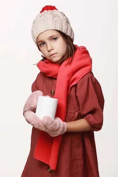 Ill Girl Holds Cup Tea Medicine Got Sick Jacket Cap — Stock Photo, Image