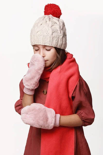 Ill Girl Jacket Cap Gloves Disease Cold Flu Winter Fall — Stock Photo, Image