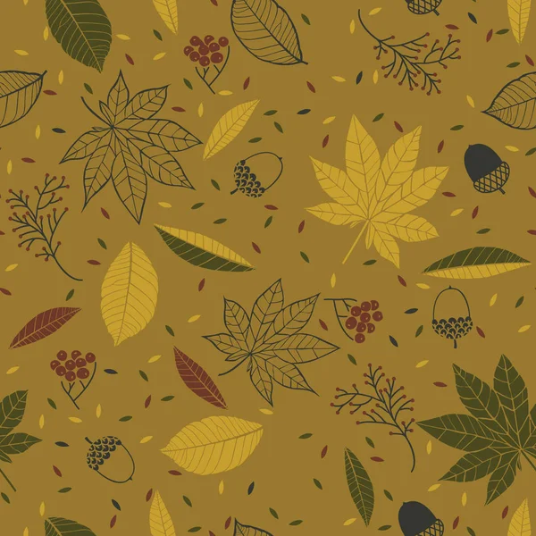 Seamless Autumn Pattern Leaves Acorns Twigs Tree Rowan Berries Gold — Stock Vector