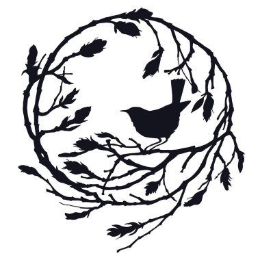 Amelanchier ve Bluethroat yuvarlak bahar twigs illüstrasyon vektör siyah siluetleri