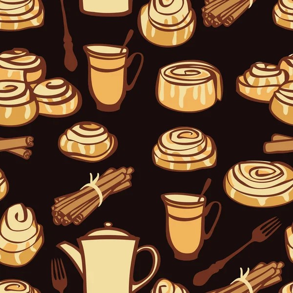 Колекція продуктів харчування Післяобідній чай з корицею булочки Випічка спеції Чорний фон — стоковий вектор