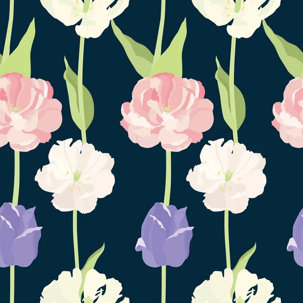 Roze en Lila tulpen naadloze patroon donkere achtergrond — Stockvector