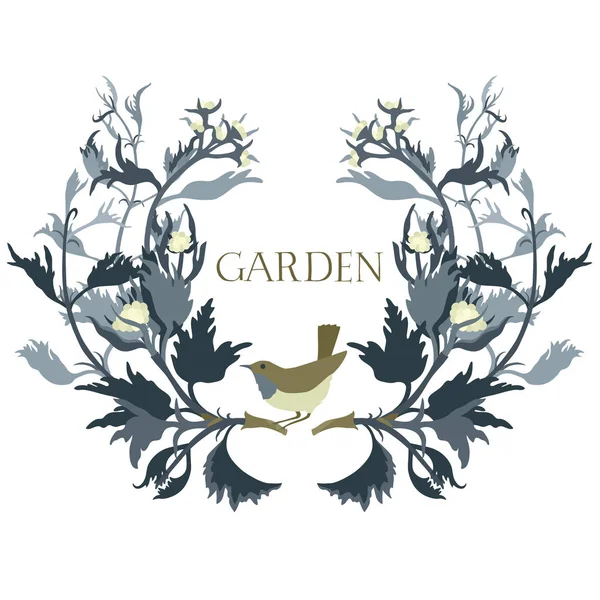 Marco floral de jardín con un pájaro Objeto aislado — Archivo Imágenes Vectoriales