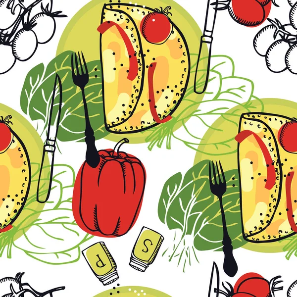 トマトとほうれん草の新鮮な野菜のシームレスなパターンを持つ食品コレクション オムレツ — ストックベクタ