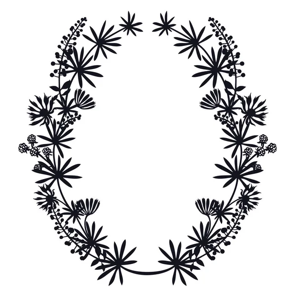 花とハーブのラズベリー ブラック シルエットのフレーム — ストックベクタ