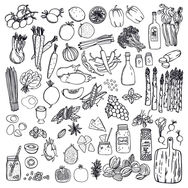 Inzake levensmiddelen vastgesteld, groenten en vruchten zwart geïsoleerde objecten — Stockvector