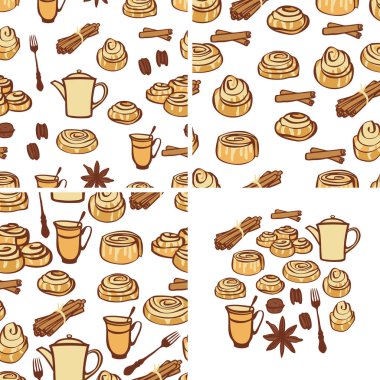 Three seamless pattern Food collection Cinnamon buns and bakery spices Isolated objects Hand drawing clipart