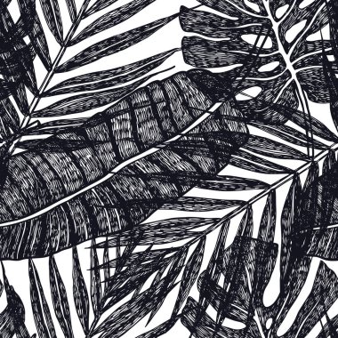Vektör Dikişsiz desen arka plan illüstrasyon tropikal palmiye yaprakları