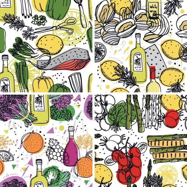 Quatre motifs sans couture Collection alimentaire Légumes, vin, citrons et huîtres Dessin à la main — Image vectorielle