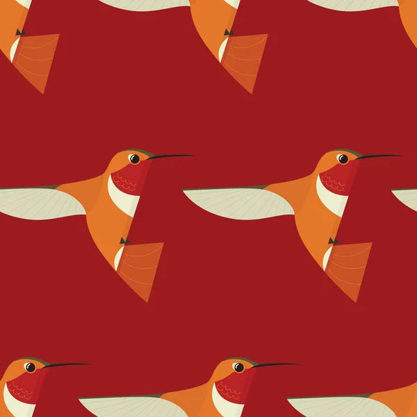 Humming uccello icona cartone animato geometrico piatto Vettoriale illustrazione rosso sfondo senza soluzione di continuità modello — Vettoriale Stock