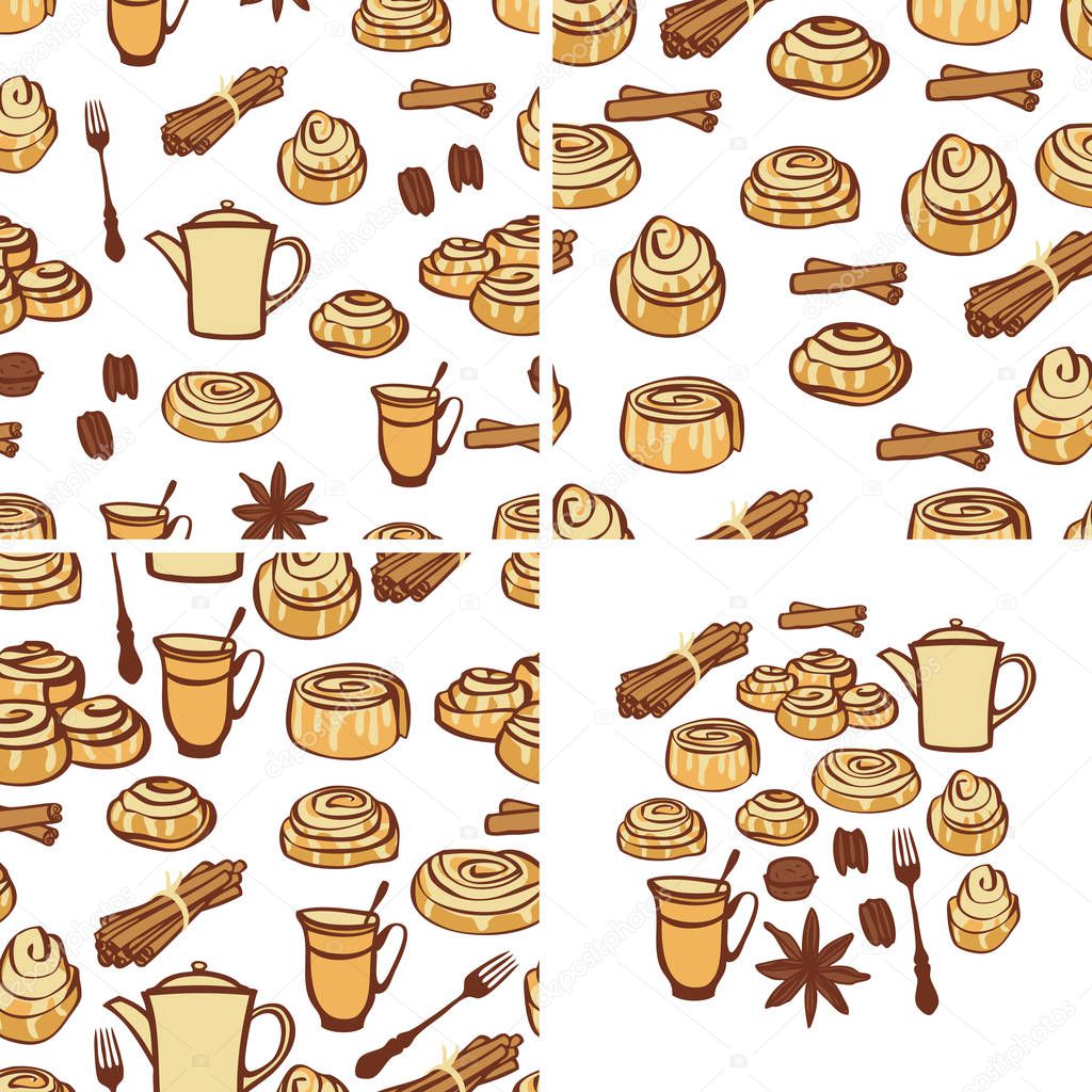Three seamless pattern Food collection Cinnamon buns and bakery spices Isolated objects Hand drawing